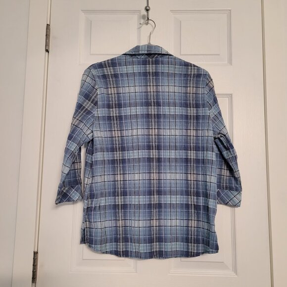 Women's blue plaid crinkle cotton top - 3/4 sleeve- no ironing. Fits size Large - Picture 4 of 4